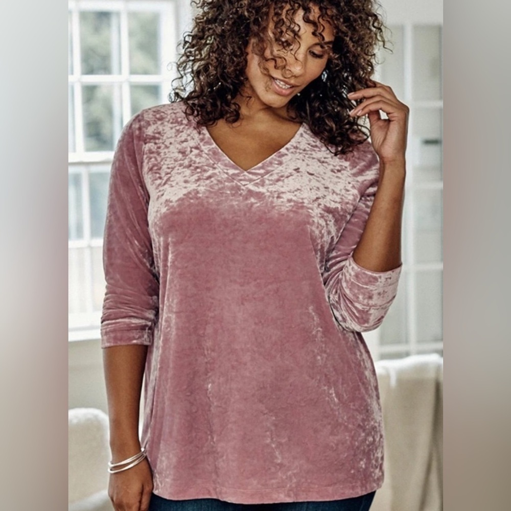 J. Jill Blouse Top Crushed Velvet V-Neck Long Sleeve Pink Blush Size Medium